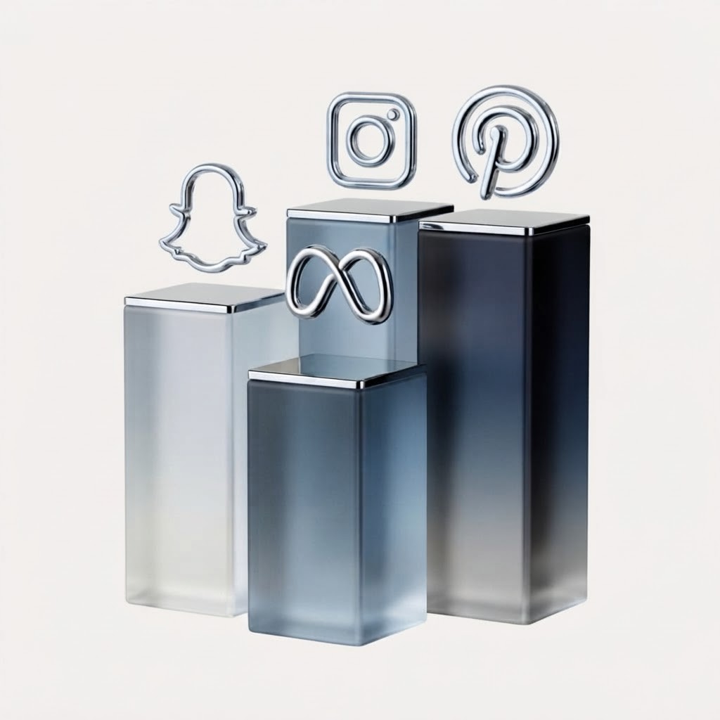 Social media icons displayed above metallic podiums of varying heights.