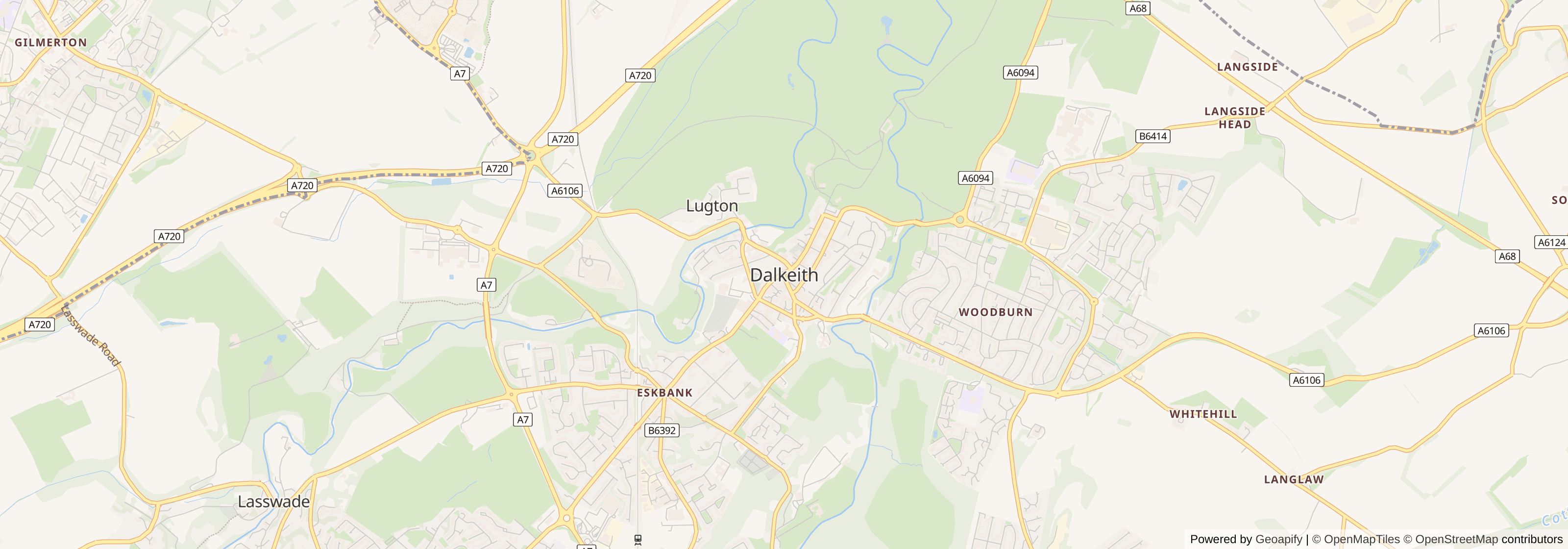 Street map of Dalkeith, Midlothian showing main roads and nearby areas