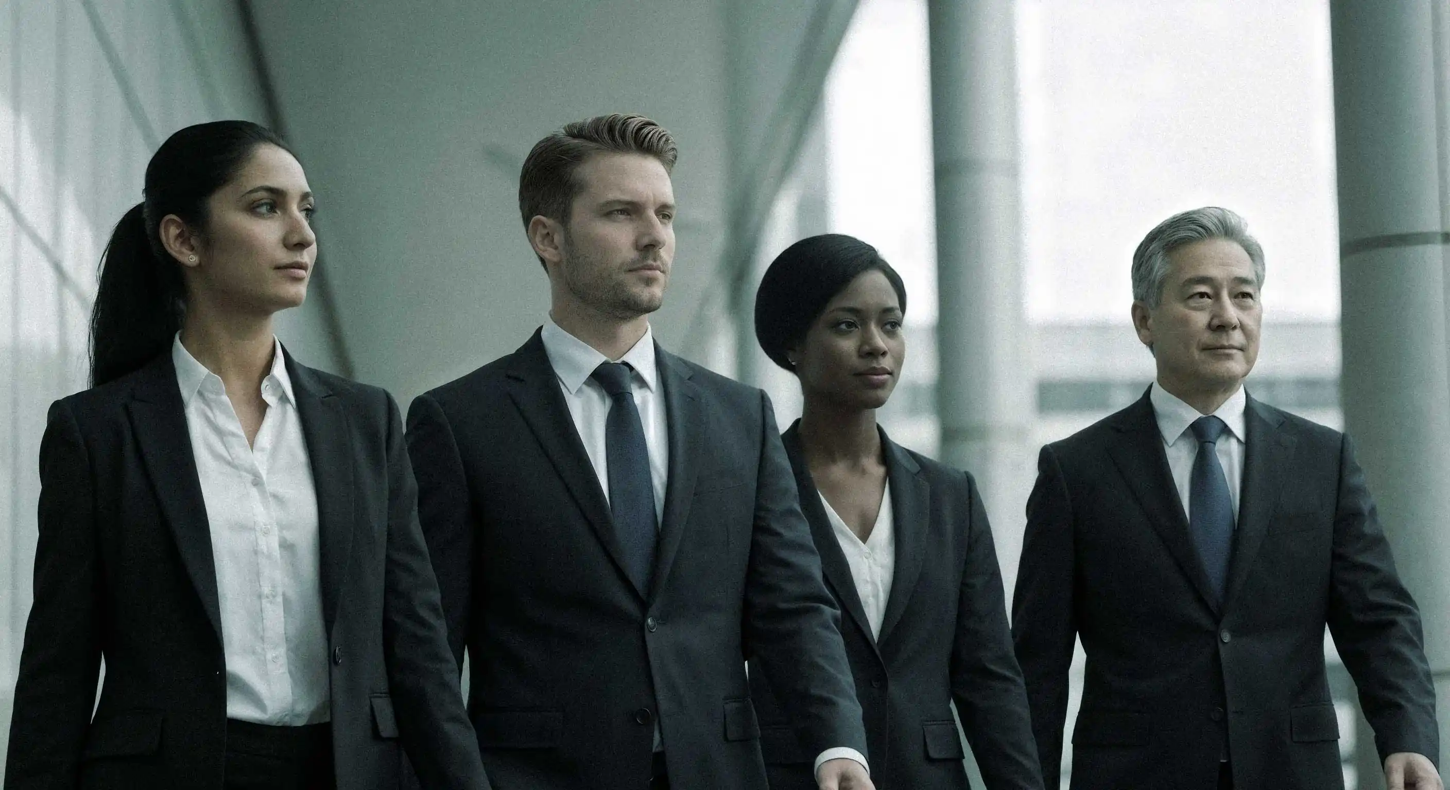 Four people in suits walking forward.