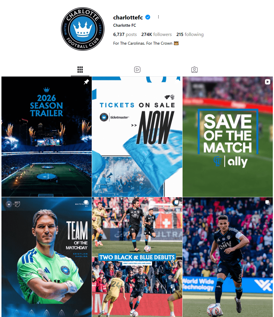 Instagram homepage of Charlotte FC