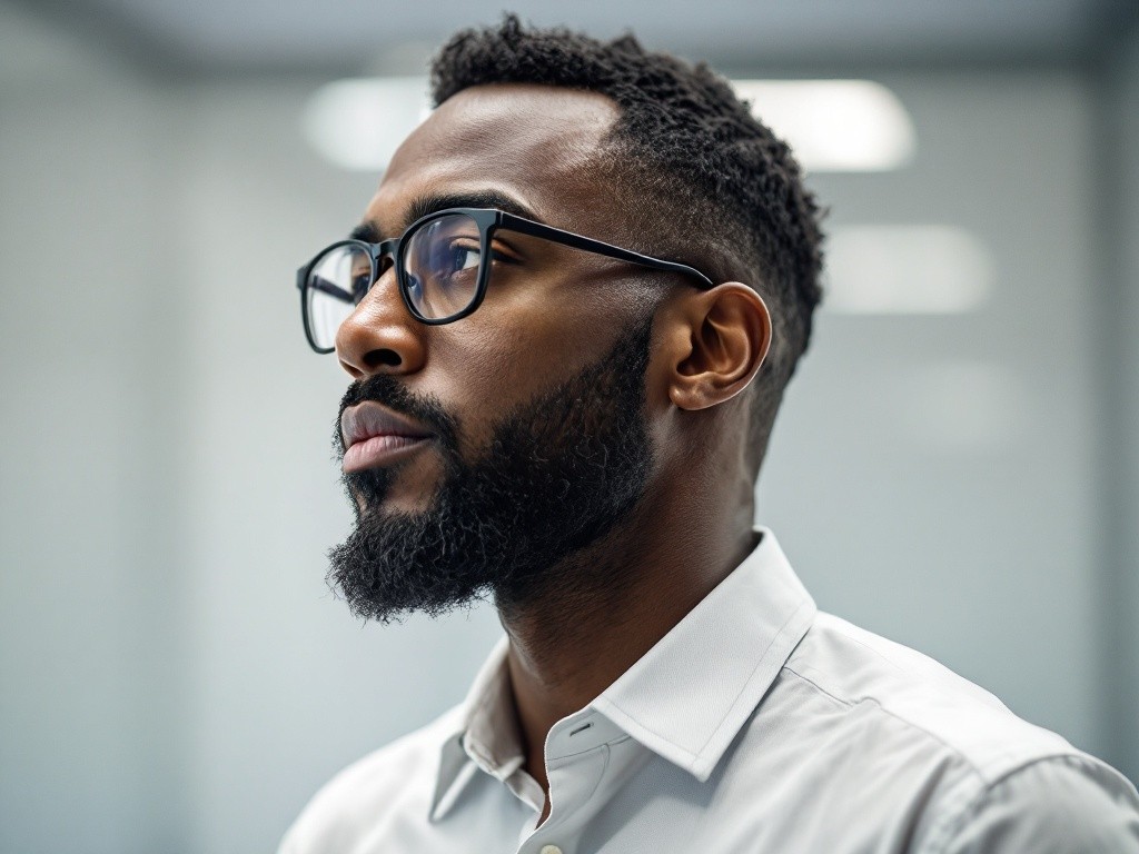 Close-up profile view of a Black man wearing glasses and a white shirt.