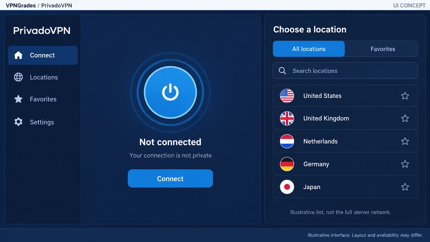 PrivadoVPN: a location picker concept (illustration).