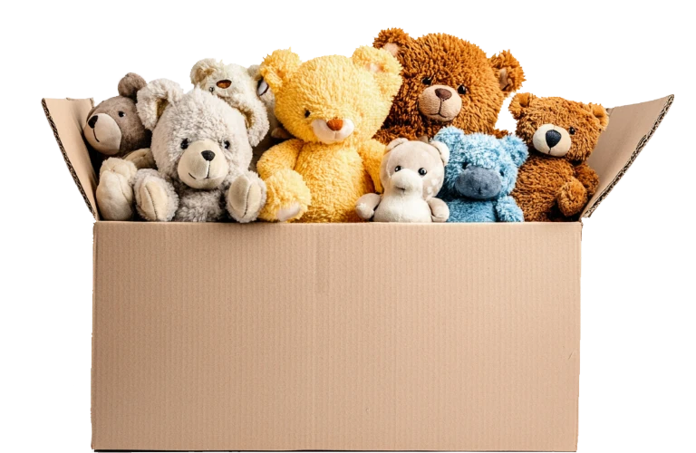 Cardboard box overflowing with assorted teddy bears in various sizes and colors.