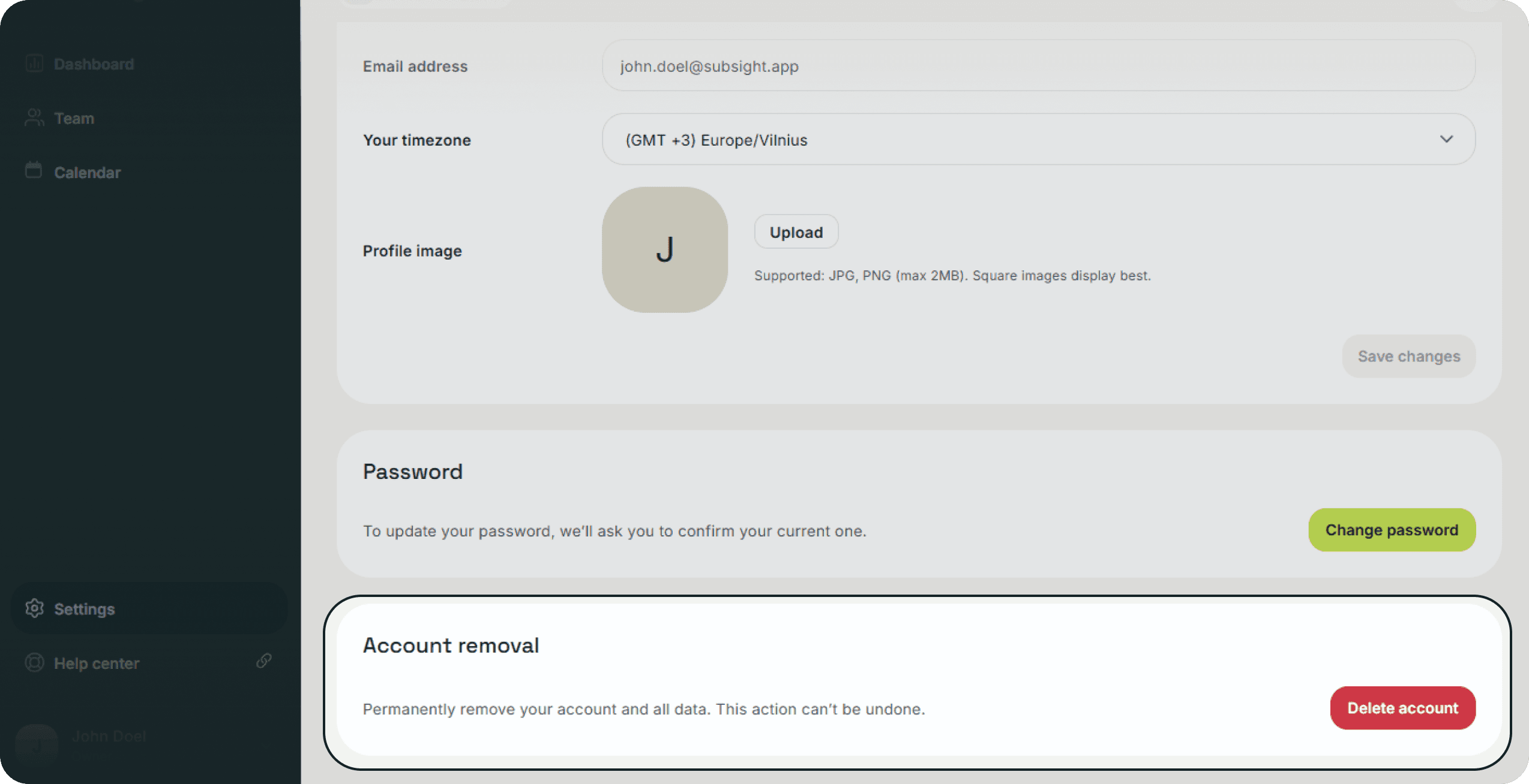 Subsight account deletion confirmation showing permanent removal warning.