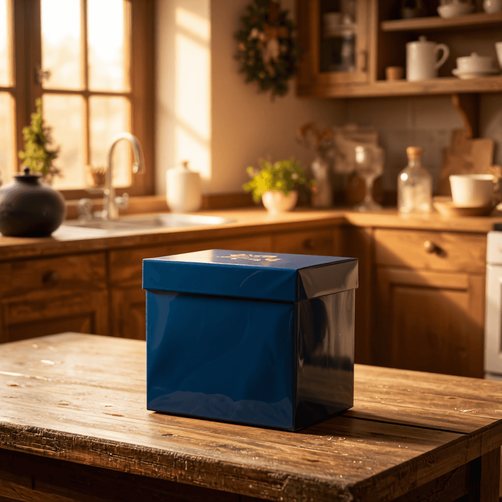 product photography of a box of snacks or food items, designed for gifting or storage