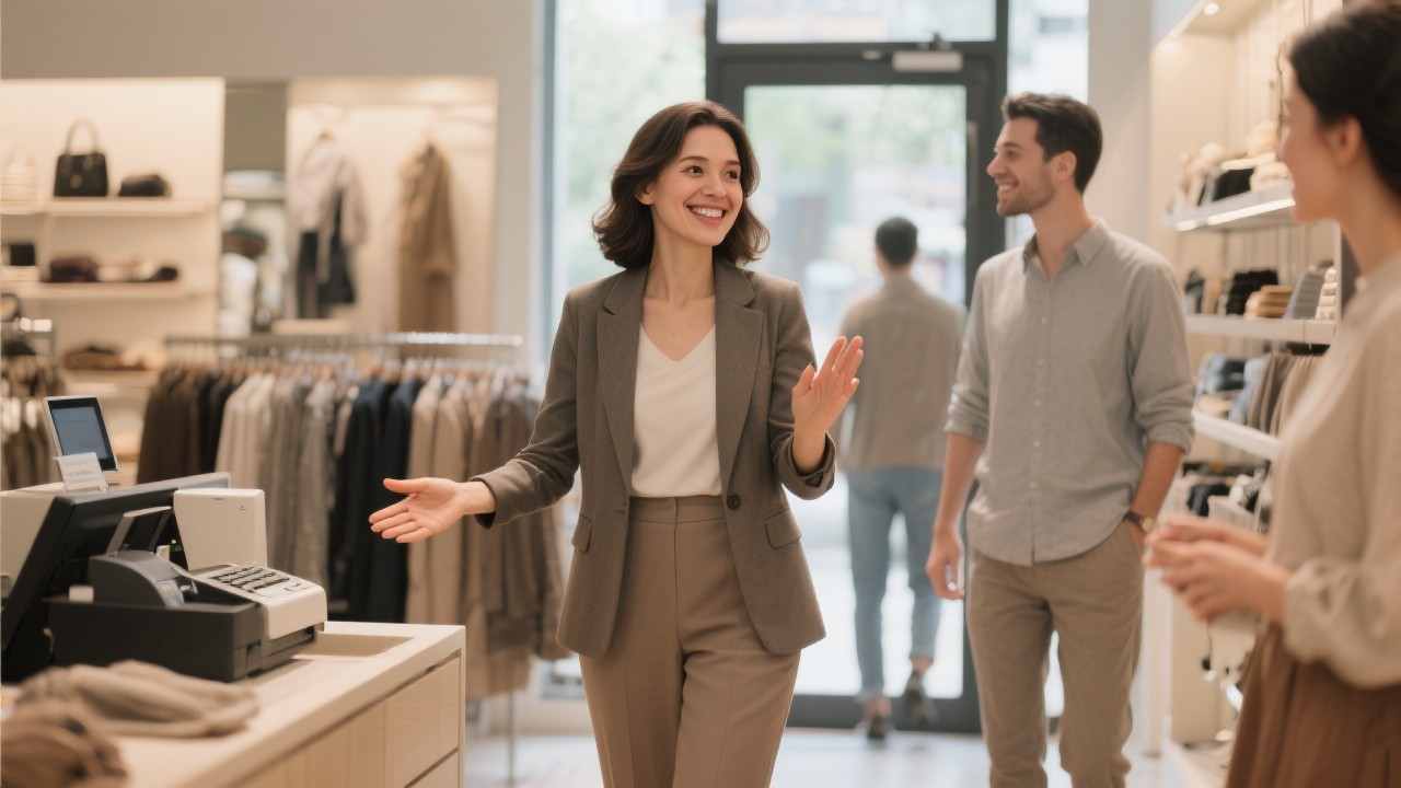 Vendeuse souriante en blazer guide un couple vers la sortie après un achat, échange chaleureux dans une boutique showroom