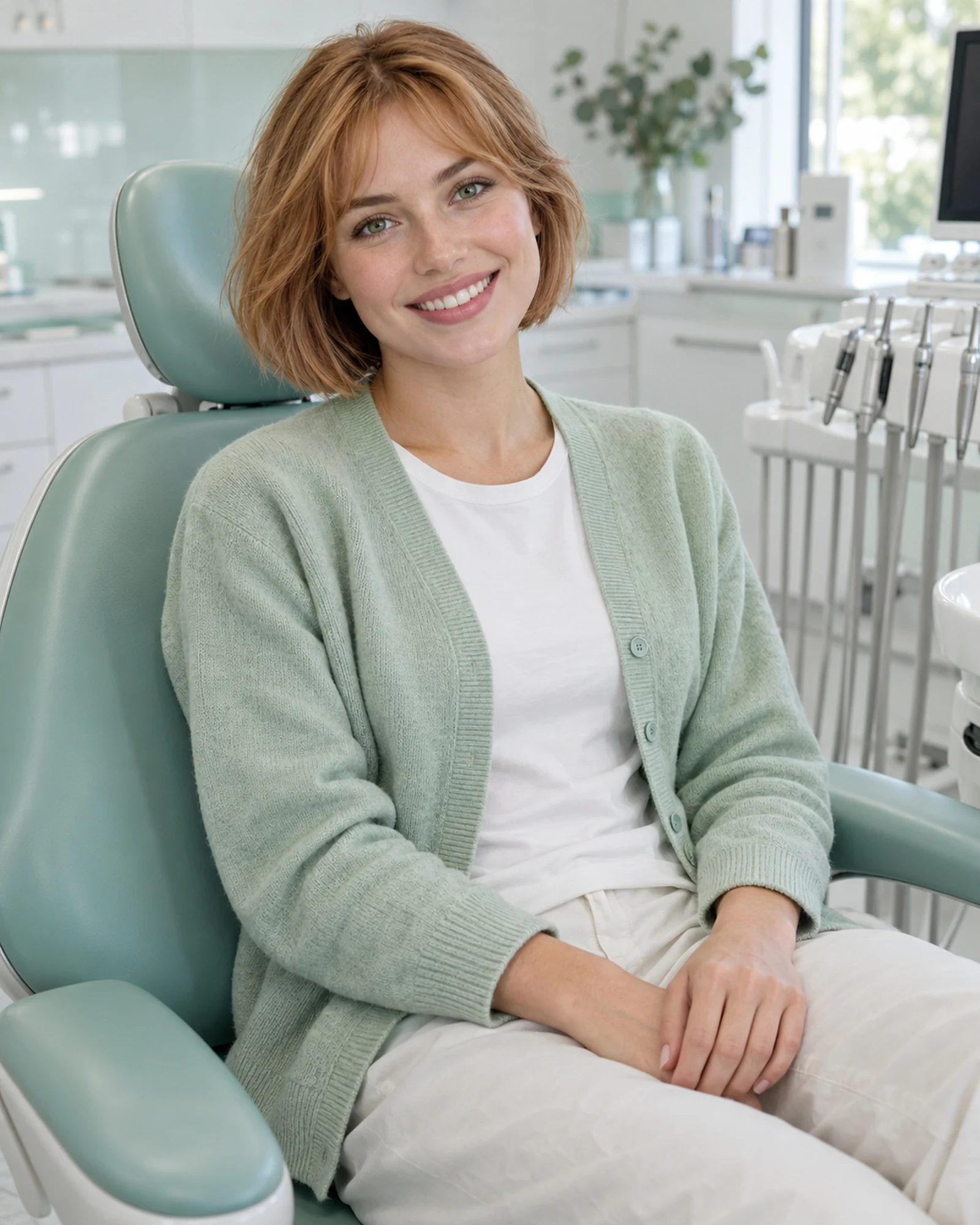 Smiling patient with a short strawberry-blonde bob sitting in a mint dental chair