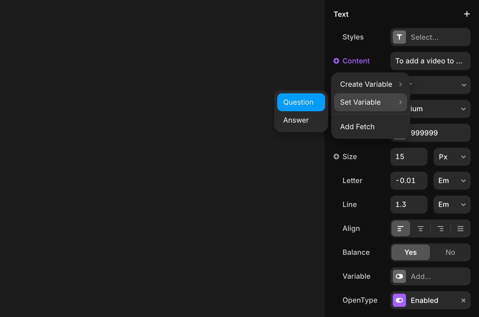 “Set Variable” dropdown showing the Answer option.