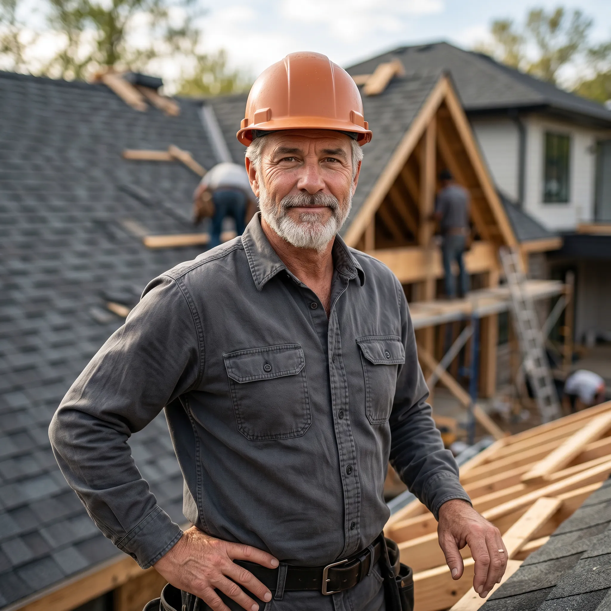 Experienced roofer standing in front of a house under construction with roofing materials visible.