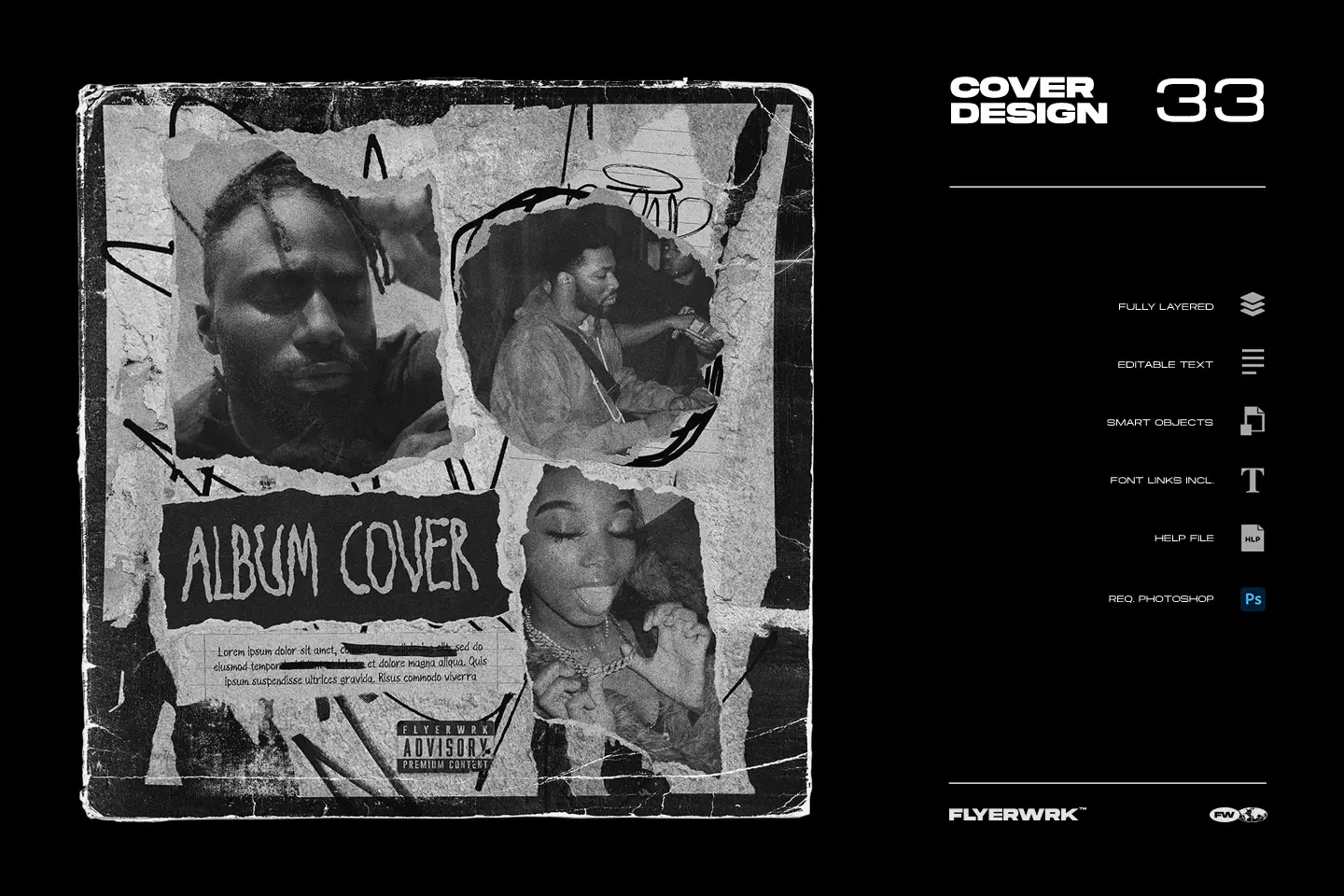 Gritty black and white collage album cover template with torn paper edges and graffiti scribbles