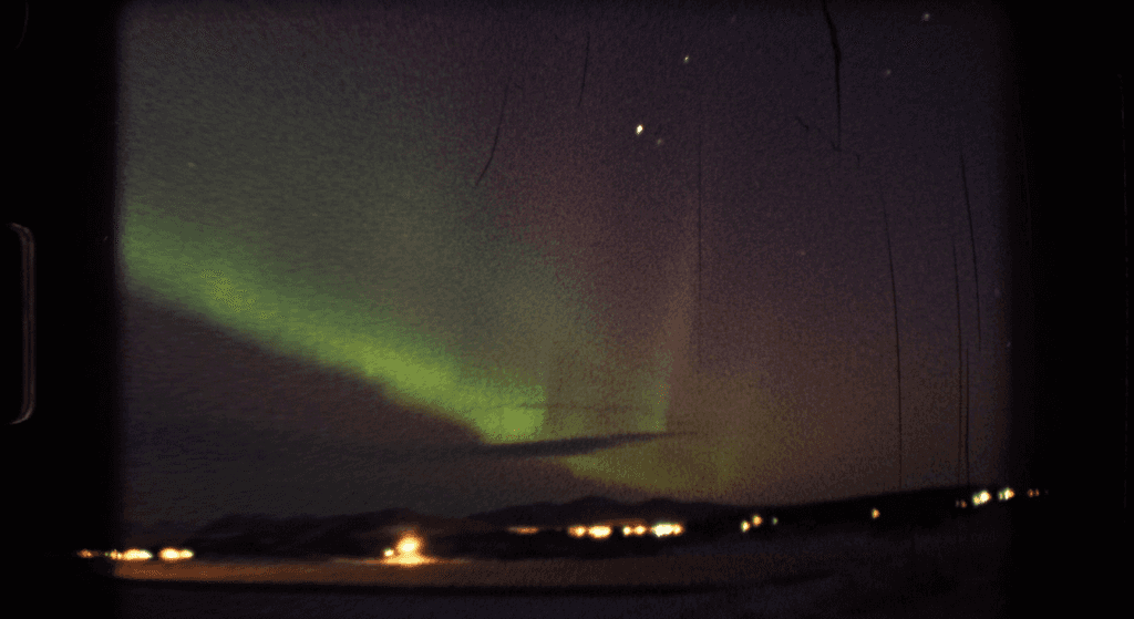 Green Aurora in a black sky over water, town light shinging in the distanc.