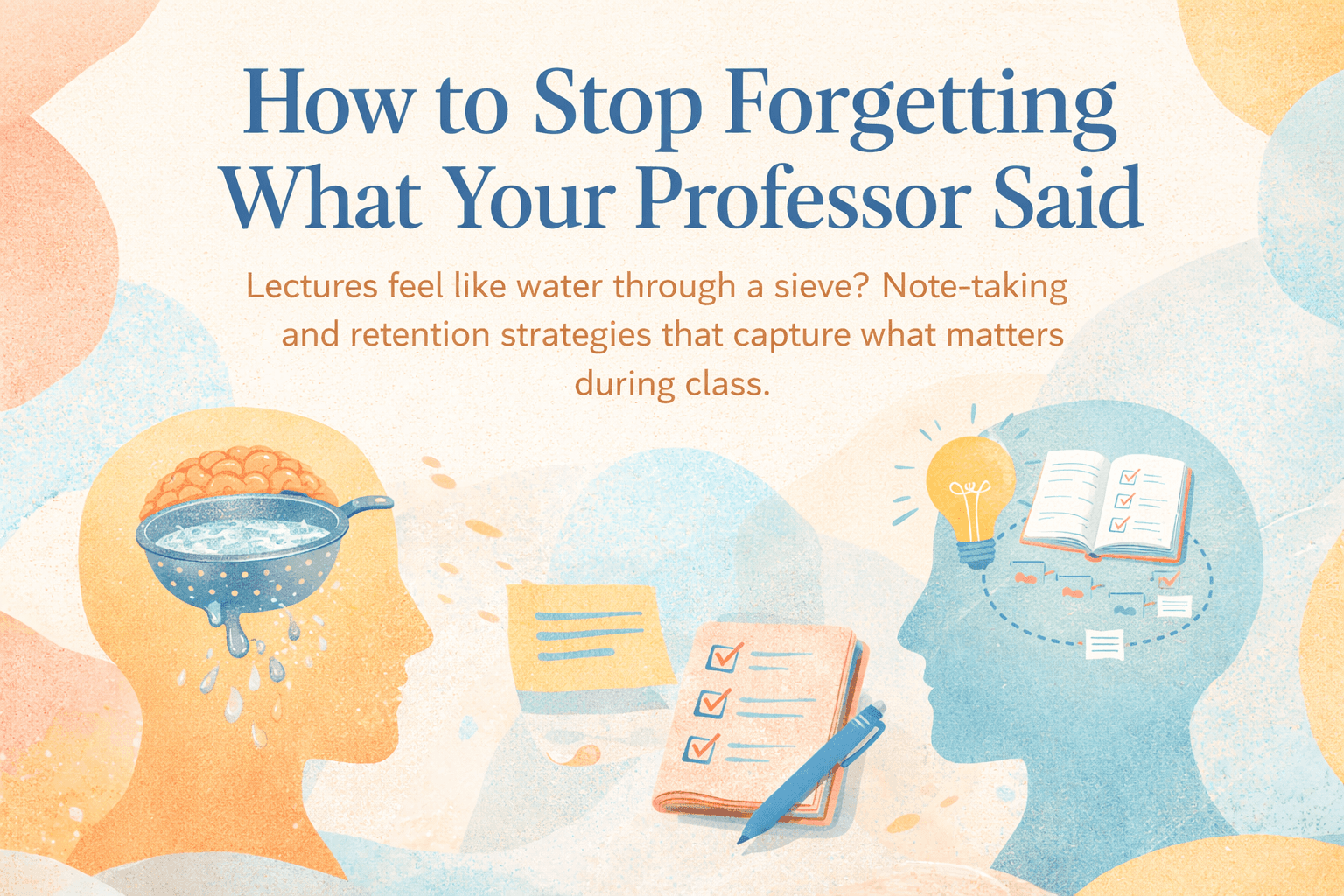 How to Stop Forgetting What Your Professor Said with sieve brain, notes, and checklist showing retention strategies.