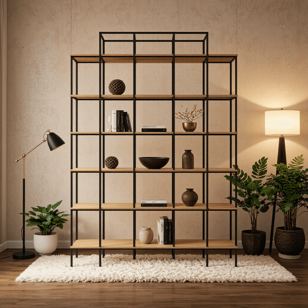 product photography of a multi-tiered bookshelf with decorative items