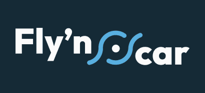 FlynCar brand logo in white text with a blue swirl graphic on a navy background. 