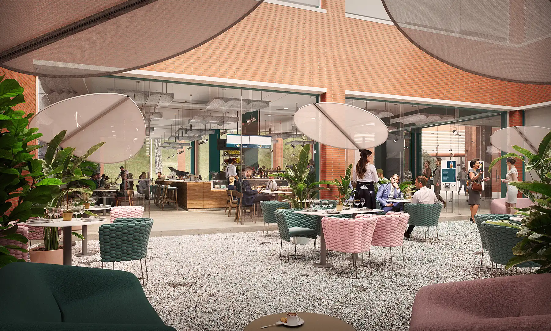 Outdoor restaurant terrace with woven pink and teal chairs, large disc umbrellas, and indoor restaurant view. Contemporary opera outdoor design.