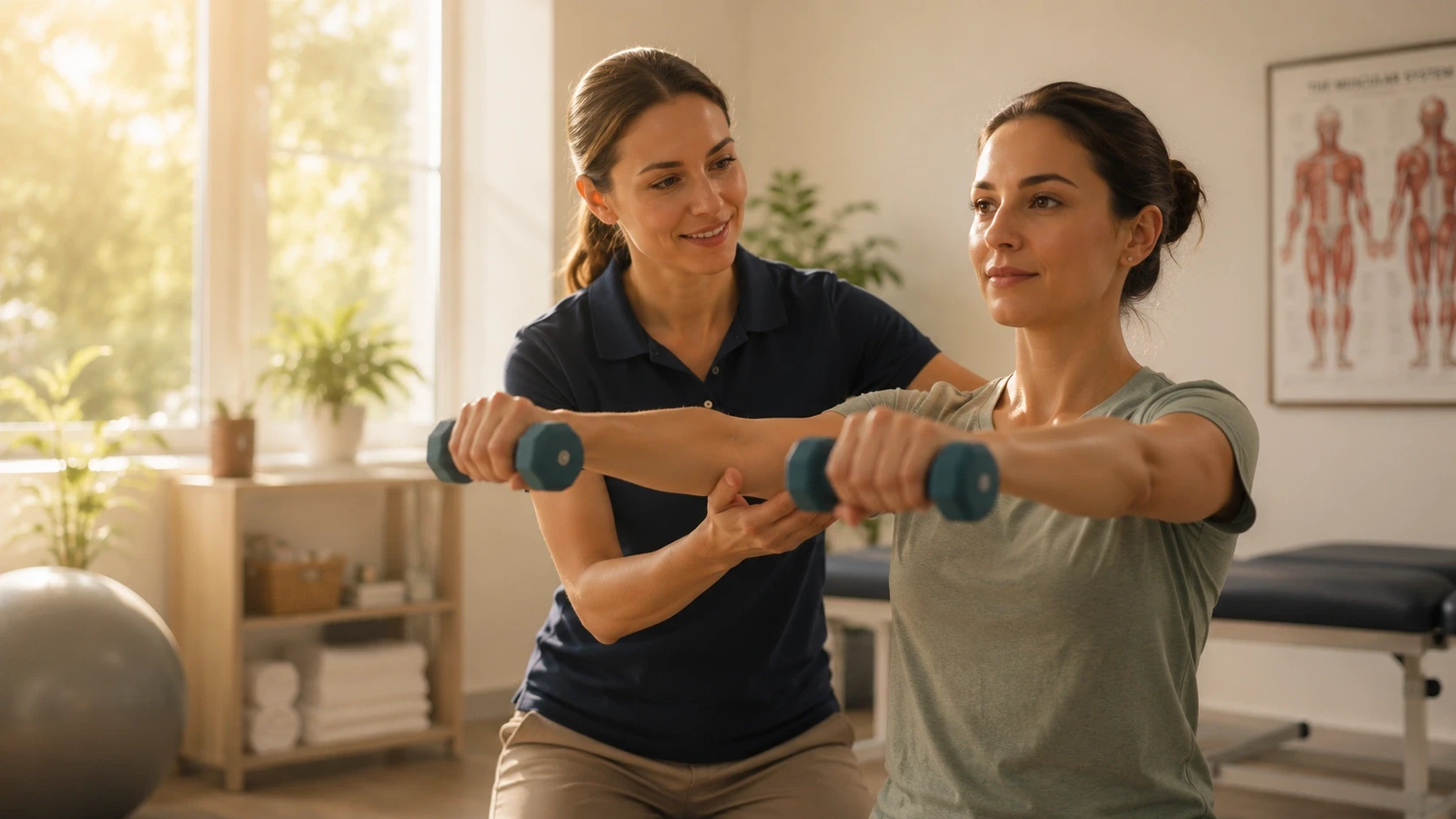 A physiotherapist guiding a woman through arm exercises with small weights.