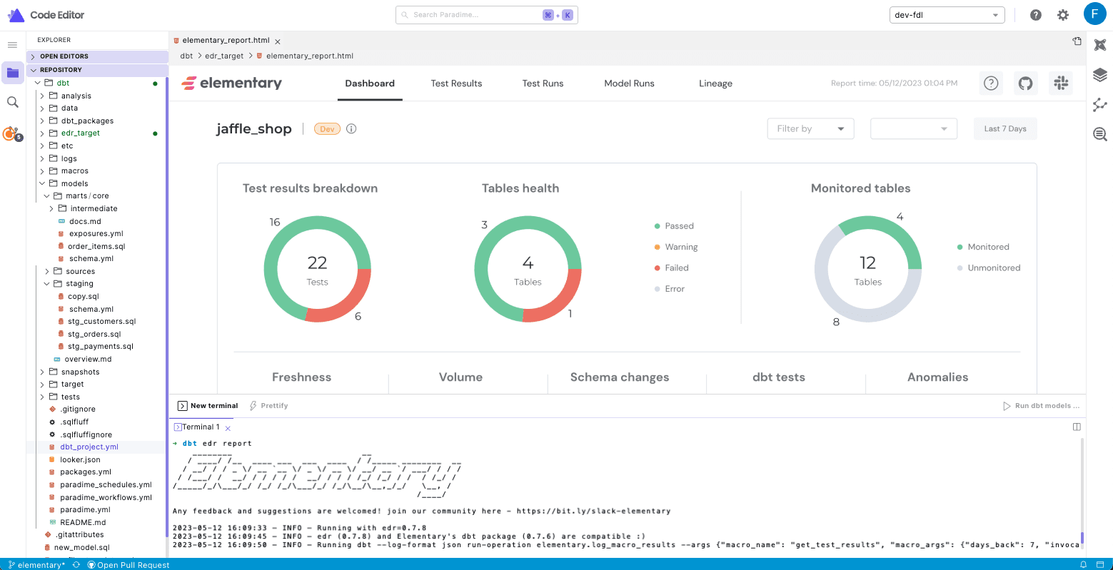 Paradime Code IDE with Elementary reports | Analytics Engineering using dbt™