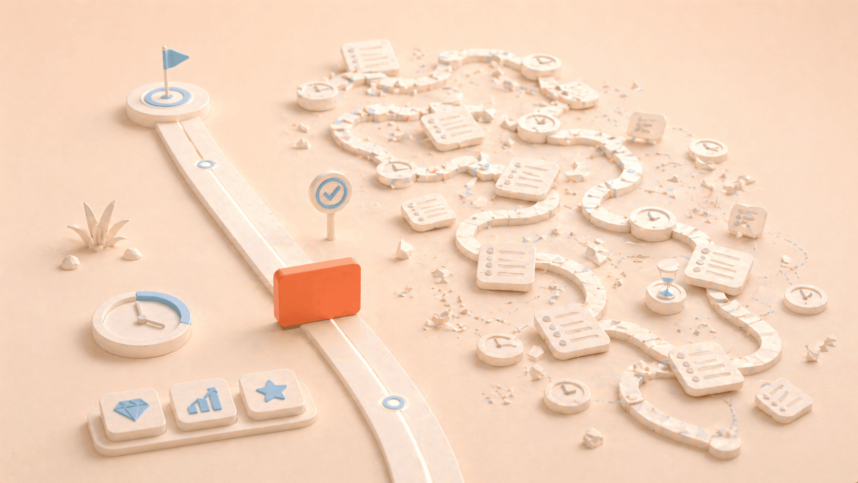 Minimalistische 3D-Illustration einer korallfarbenen Fokuskarte auf einem kurzen, klaren Weg zu einem Zielpunkt, während daneben ein langer, verschlungener Pfad durch verstreute Aufgabenblöcke, Zeit-Elemente und fragmentierte Arbeitsschritte führt; ergänzt durch dezente Wert- und Fortschrittssymbole, die den Unterschied zwischen hoher Hebelwirkung und ineffizientem Mehraufwand darstellen.