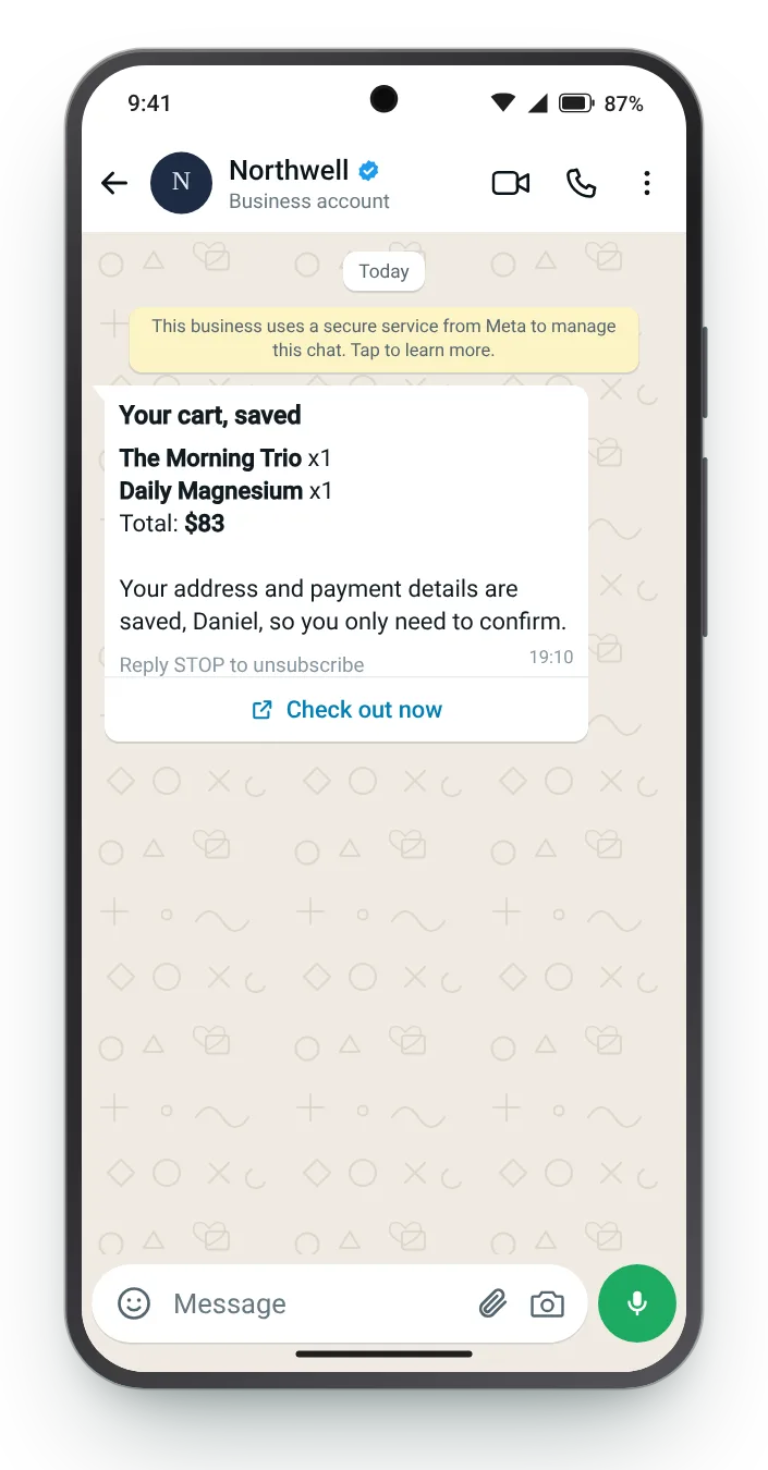 Cart recap with the total: WhatsApp cart reminder on an Android phone