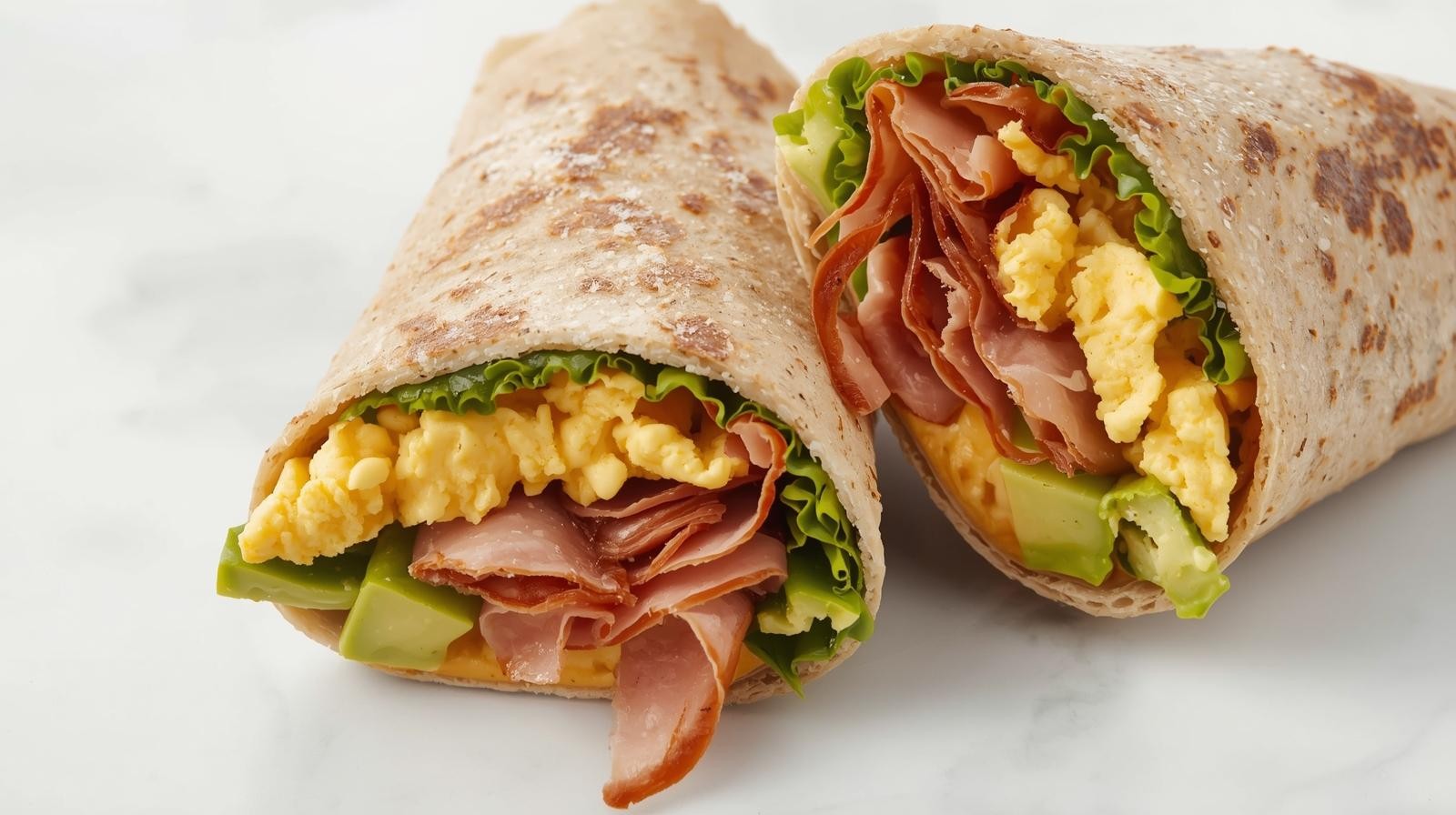 Celozrnný wrap s vejcem, šunkou, avokádem a zeleninou