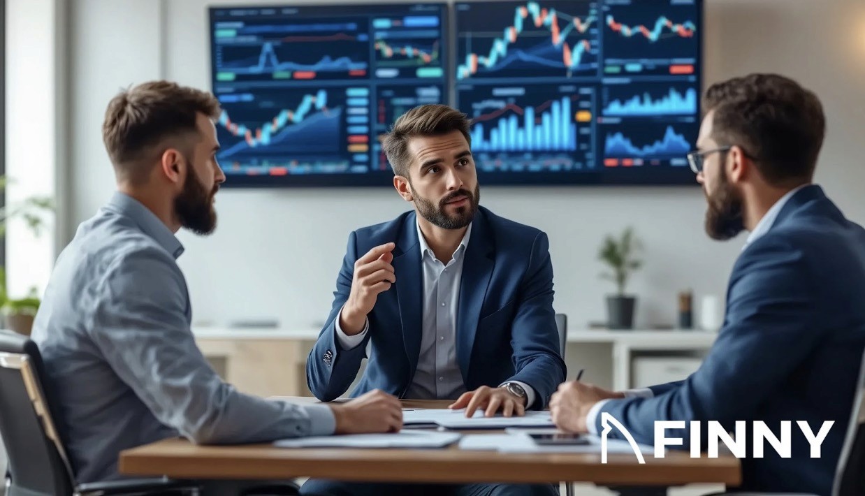 The image shows three business professionals engaged in a discussion in a modern office setting. A man in a suit is leading the conversation while two others listen attentively. Large screens in the background display financial charts and graphs, indicating a focus on market analysis or investment strategies.