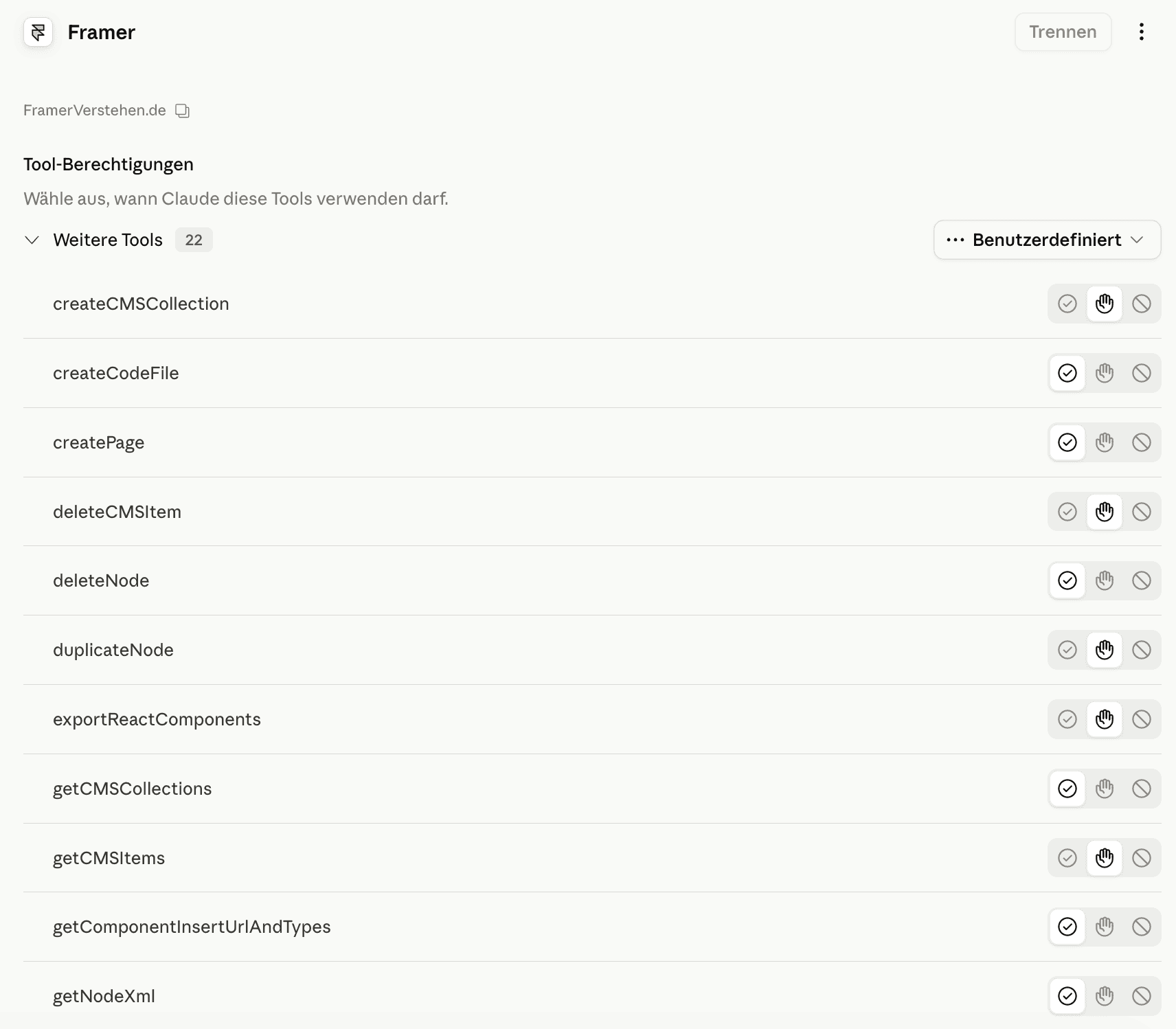 Rechtevergabe des Framer-Konnektors in Claude