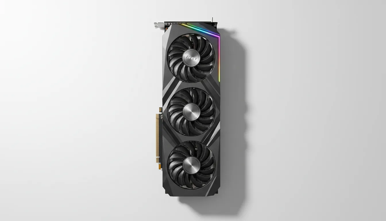 DSLR photograph, flat lay composition of a high-end MSI triple-fan gaming graphics card, positioned vertically on a clean, minimalist off-white background. Bright, soft studio lighting illuminates the subject from the top, highlighting the intricate textures of the angular matte black shroud and the brushed silver hubs at the center of each fan. The entire graphics card is in tack-sharp focus, revealing every detail of the fan blades and the heatsink below, with subtle, soft shadows cast to the right.