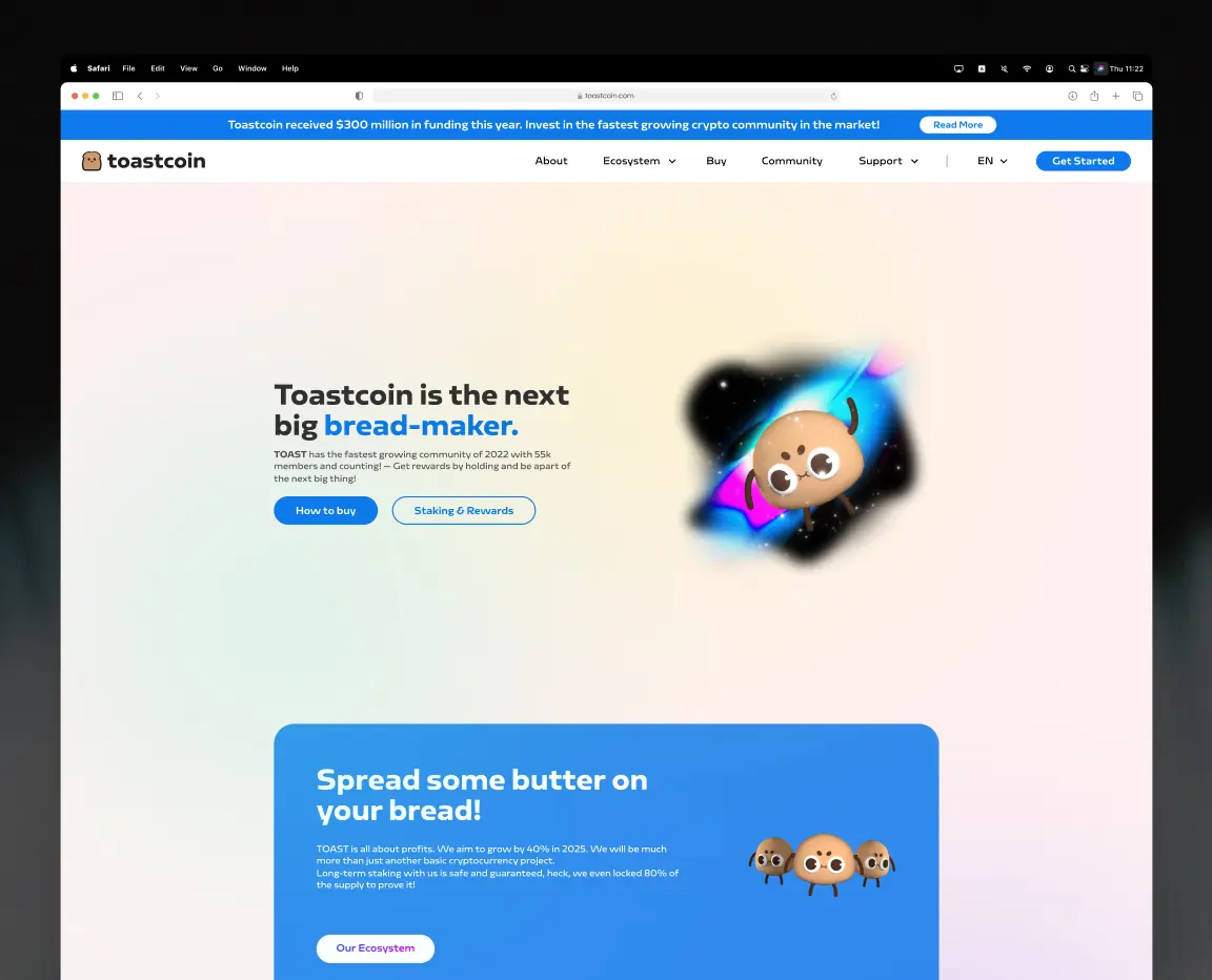 Desktop screen displaying the Toastcoin homepage designed in Figma for a responsive web experience.