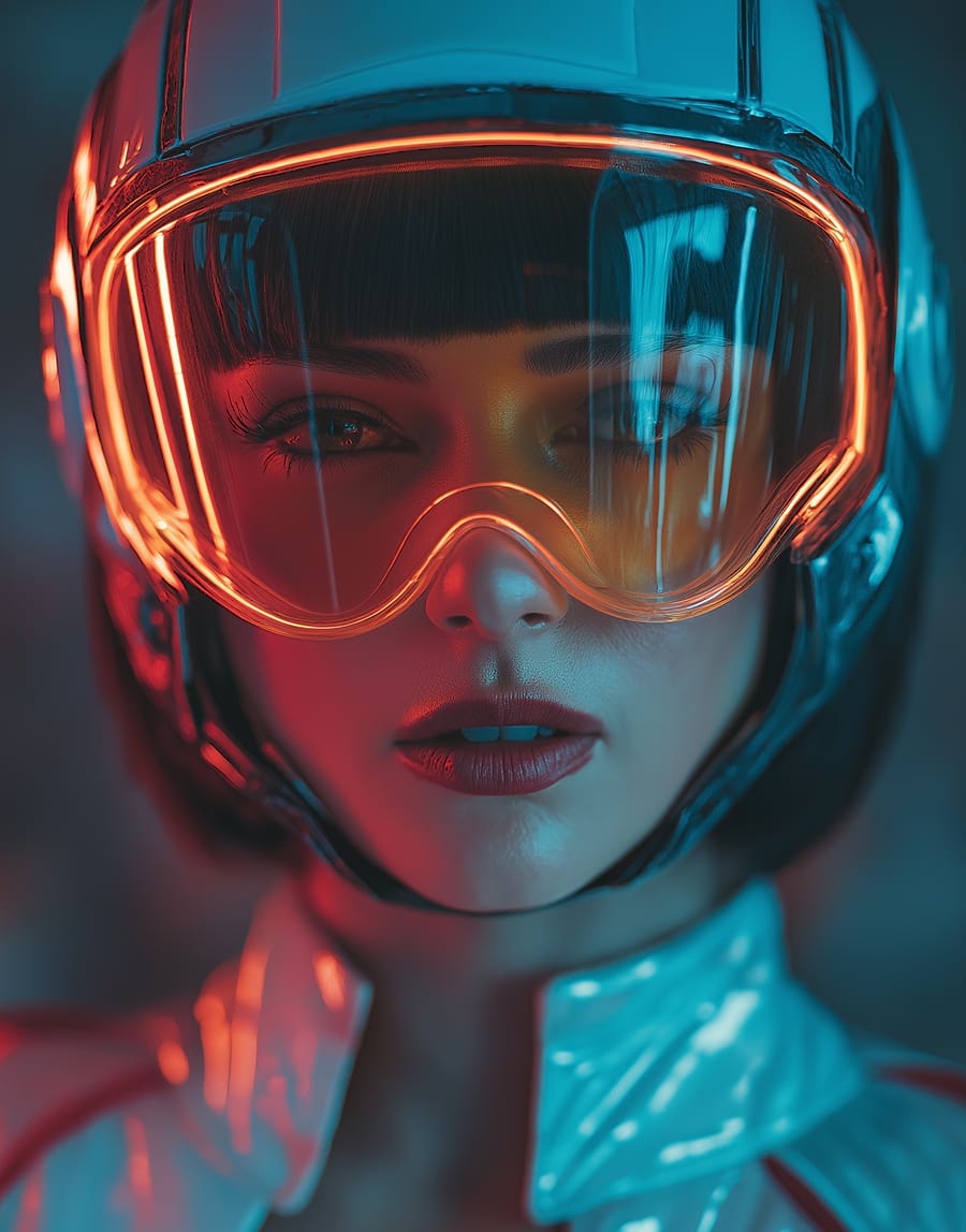 Close-up of a person wearing a futuristic helmet with glowing orange visor. The scene is illuminated with blue and orange lights, conveying a sci-fi atmosphere.