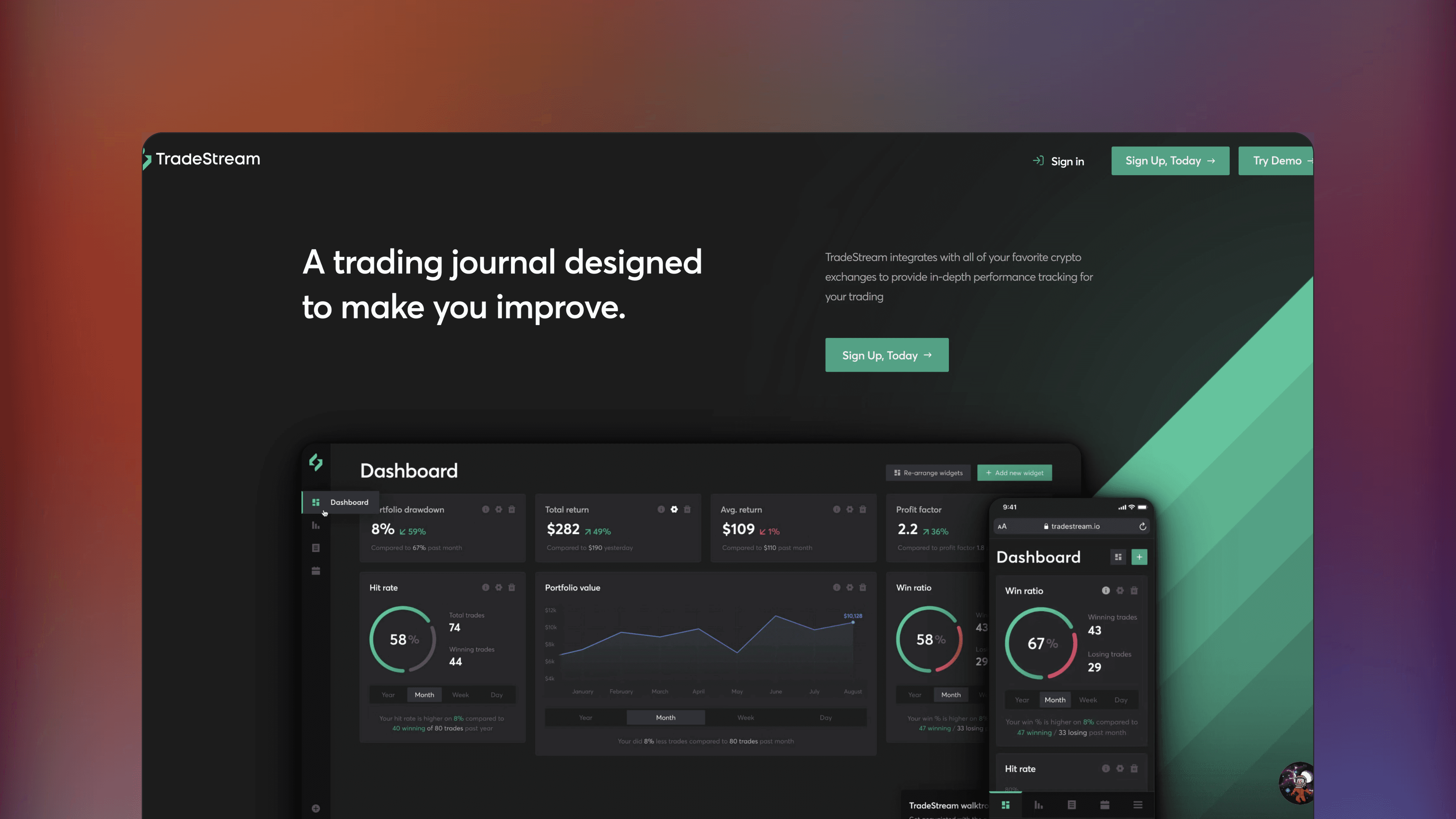 Website preview of TradeStream, trade management tracking platform featuring charts, news feeds and market quotes.