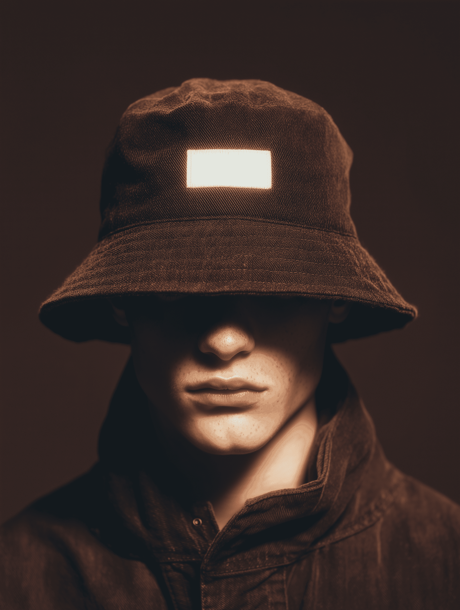 Person wearing a bucket hat and hoodie, face mostly concealed in shadow