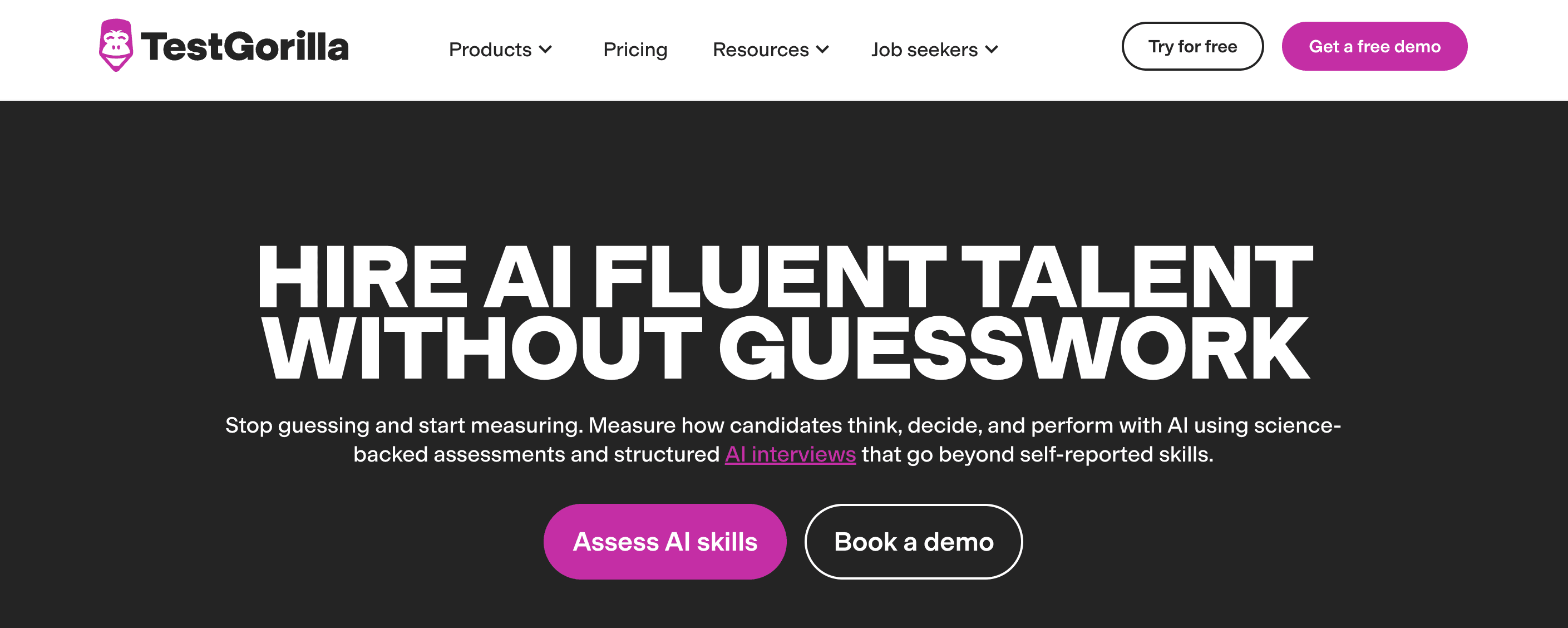 TestGorilla homepage showing AI talent assessment headline and navigation