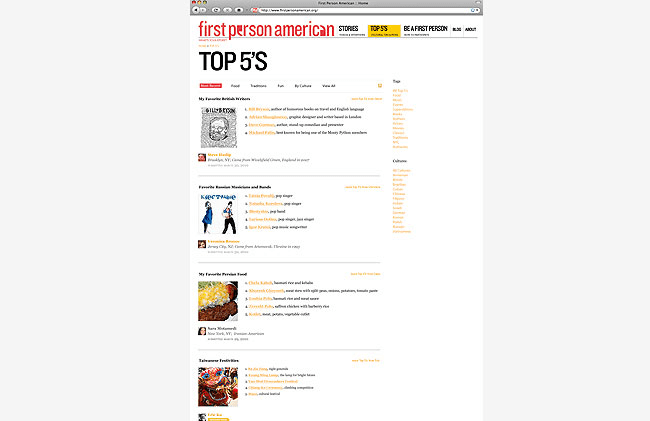 A screenshot of a First Person American website displays a white background with black text and images. The top banner reads “firstpersonamerican.com” and “TOP 5”. Below are several articles and sections including “My Favorite British Writers,” “First Person American’s Top 5,” “My Favorite Persian Food,” “Television Entries,” and “Culture.” Each section includes text, images, and navigation links.