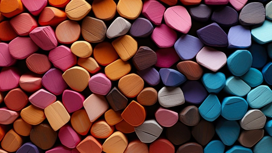 Close-up view of colorful pastel chalks arranged tightly together, showing various hues of pink, orange, purple, blue, and brown.