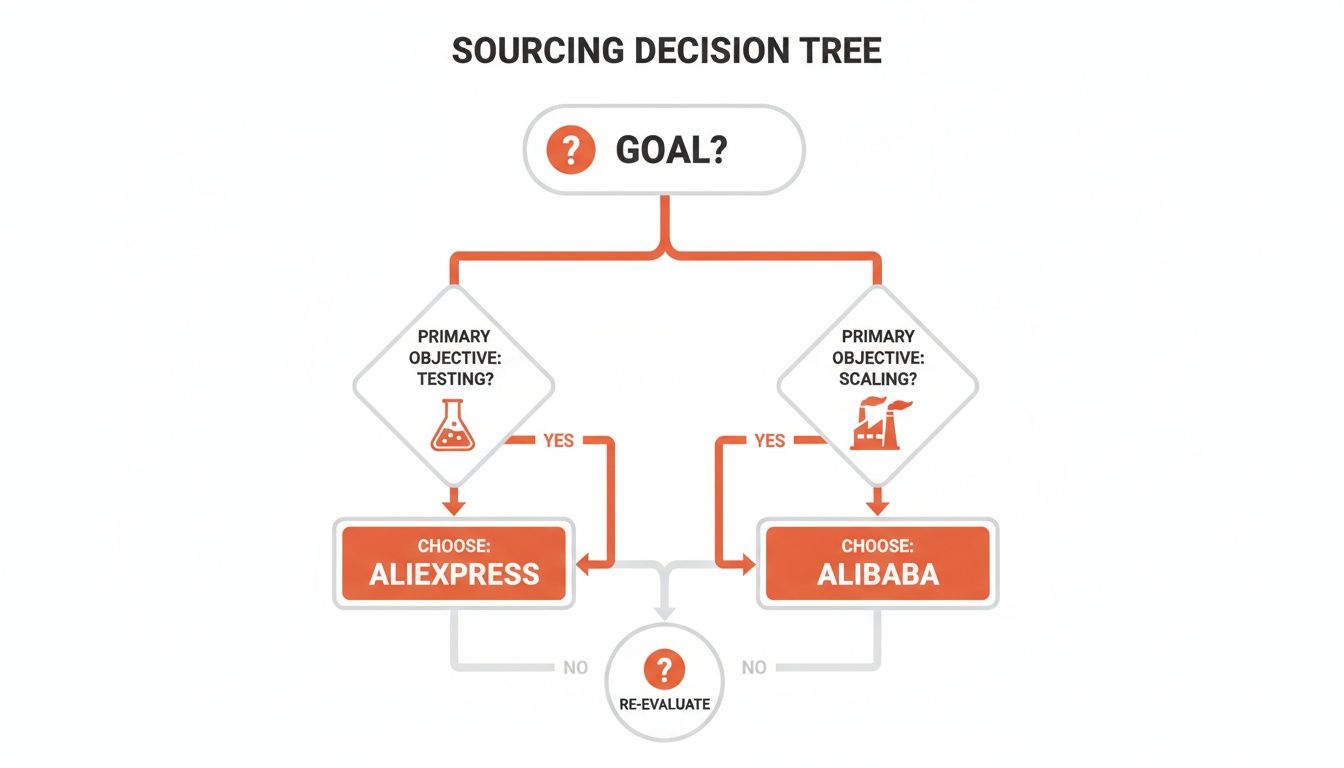 A sourcing decision tree flowchart showing when to choose AliExpress for testing and Alibaba for scaling.