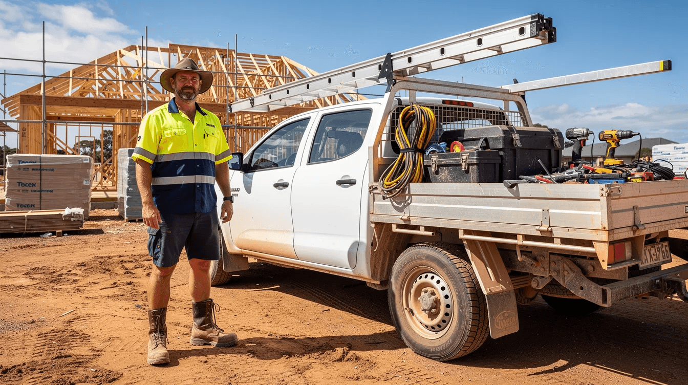 An Australian tradie stands beside a white work ute on a construction site, with various tools visible in the tray, highlighting the essential equipment needed for business purposes. This scene reflects the importance of asset finance and equipment loans for tradies to grow their business and manage cash flow effectively.