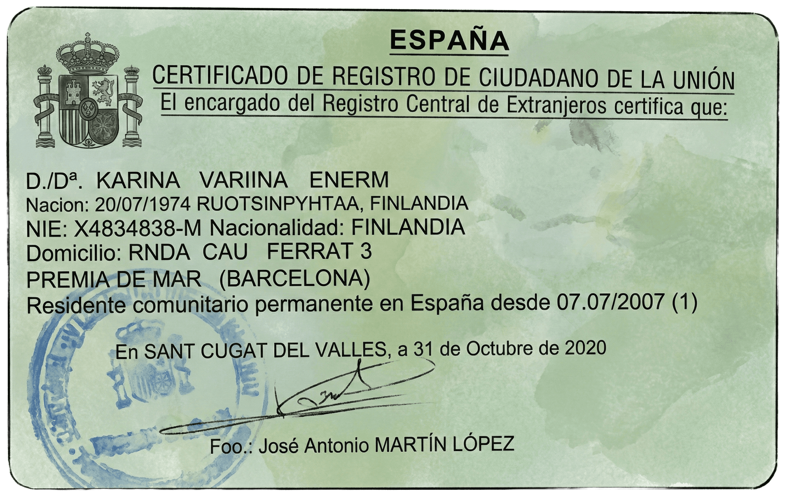 certificado de registro de ciudadano de la unión