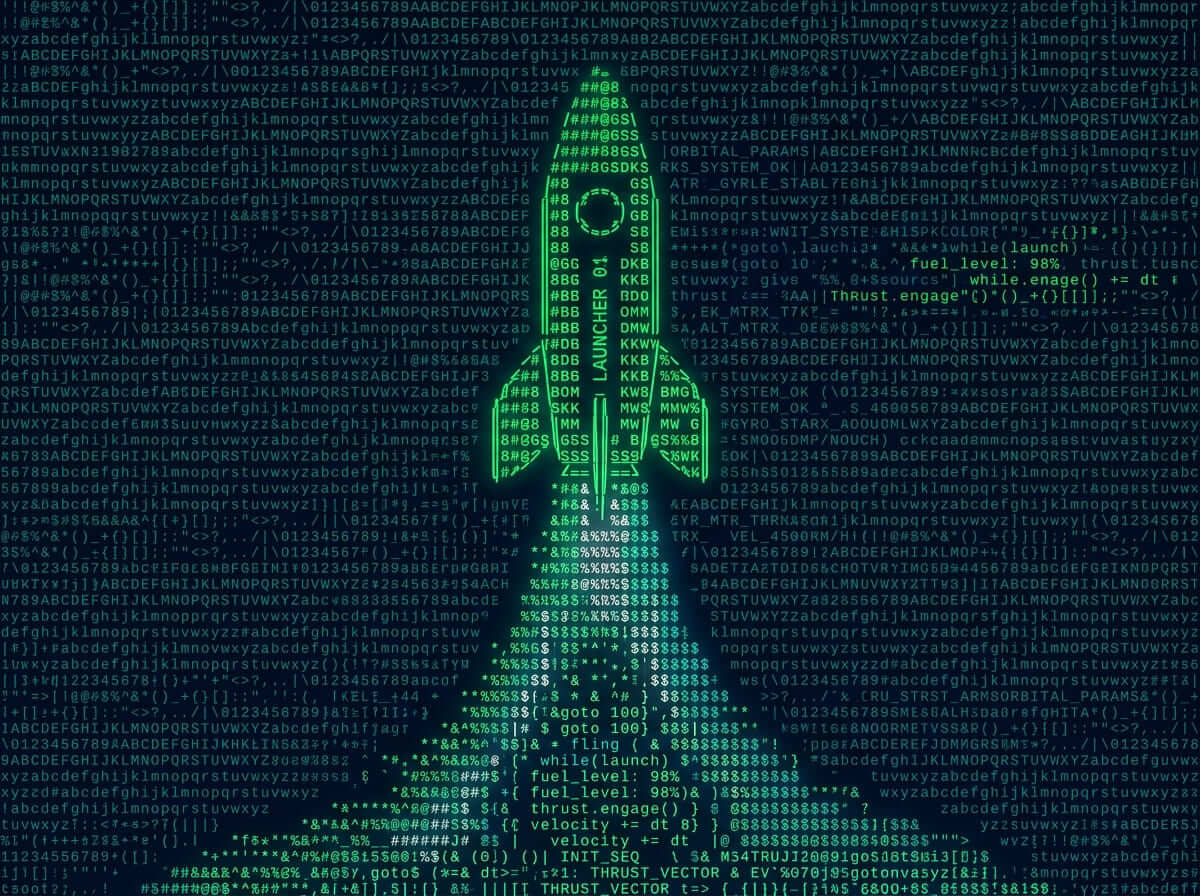 an illustration of a rocket ship blasting upward, leaving a trail of exhaust.