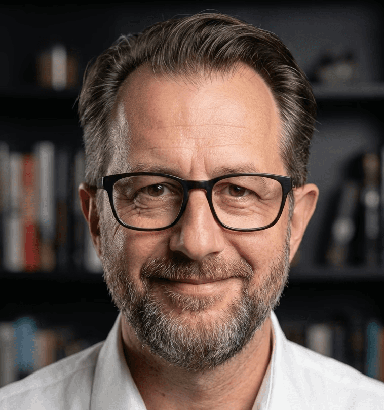 A person with curly hair and glasses smiles at the camera, seated in a cozy workspace with warm lighting.