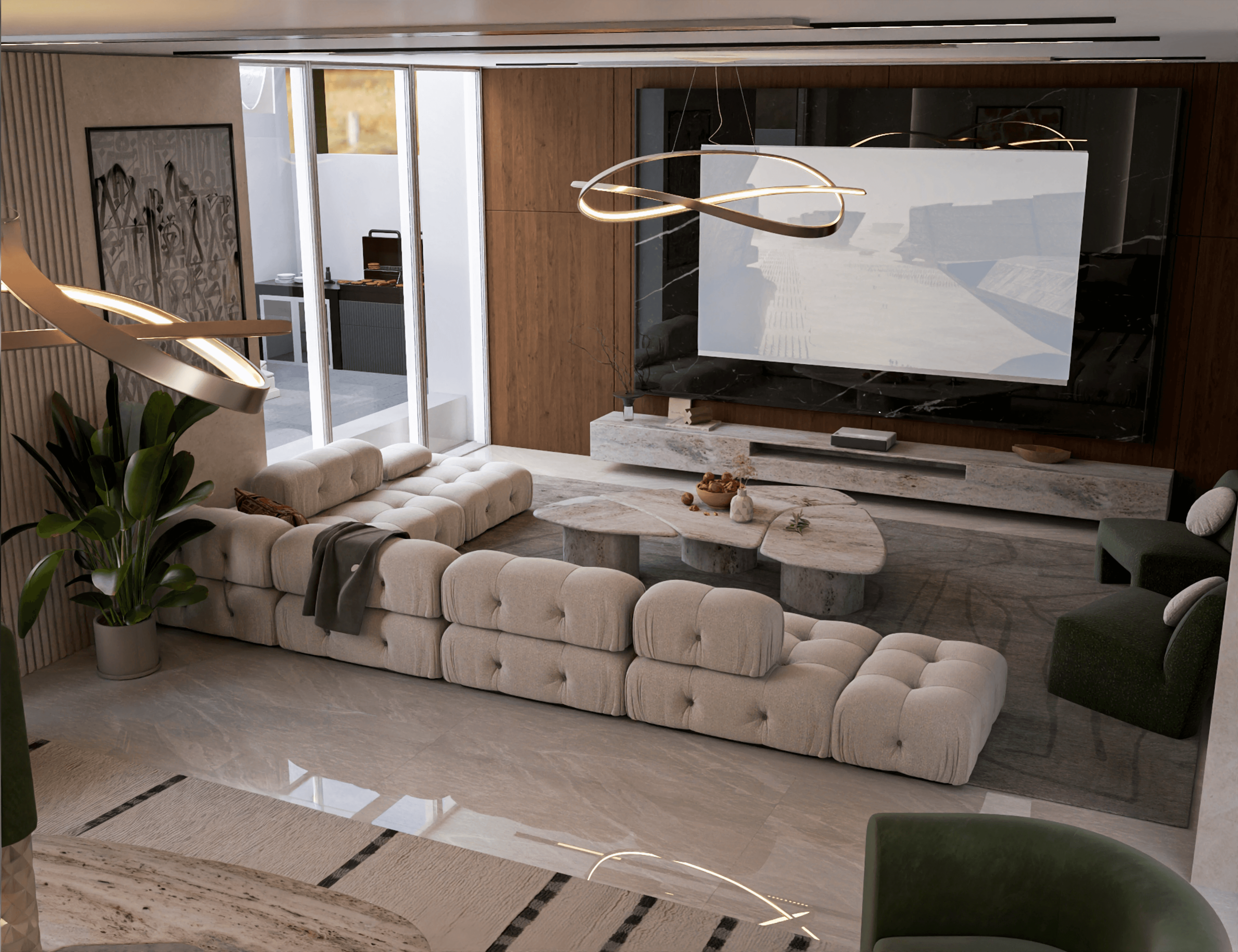 Modern interior entrance with floor-to-ceiling glass walls and warm timber cladding overlooking landscape