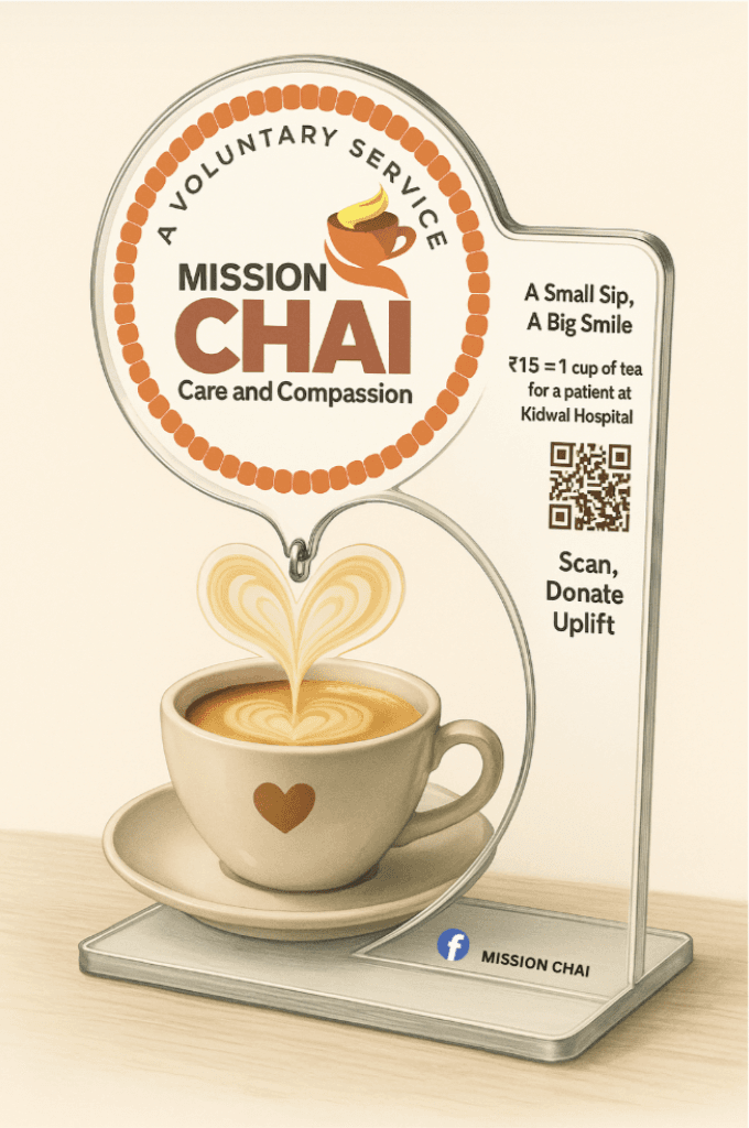 Prototype generated on MidJourney. Mission Chai display plexi stand with a tea cup illustration, heart steam, mission chai logo, and QR code for support.