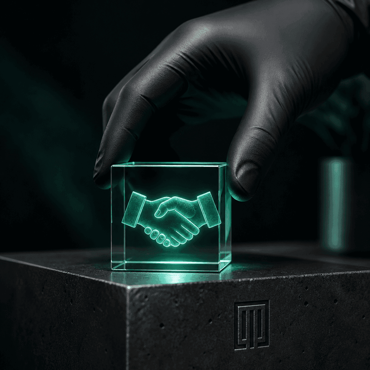 Vixilia strategic healthcare marketing visualization of building clinic trust. A gloved hand carefully places a crystal cube containing a glowing neon green handshake icon onto a stone pedestal, symbolizing the precise management of team morale and internal clinic culture to drive patient bookings and practice growth.