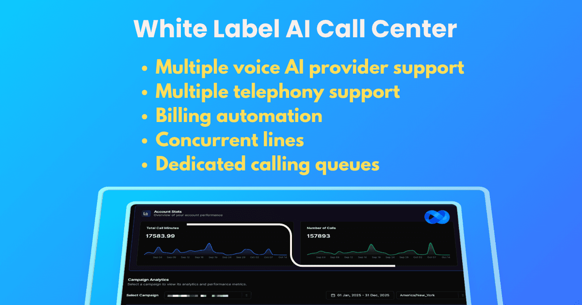White label voice AI call center features showing multiple provider support, telephony integration, billing automation, concurrent lines, and dedicated calling queues. | VoiceAIWrapper.