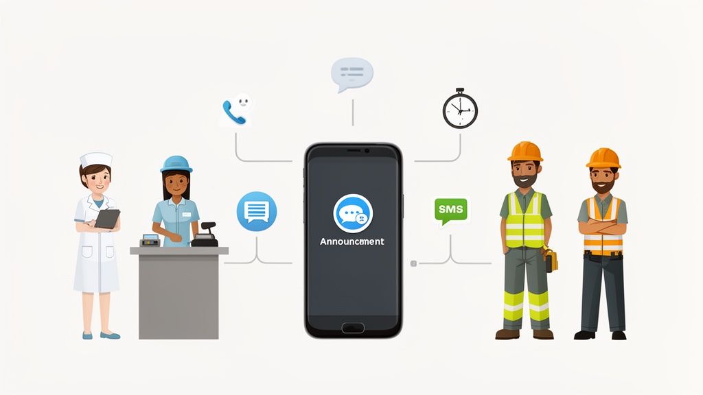 A smartphone with a central 'Announcement' app connects a nurse, cashier, and construction workers across different communication channels.