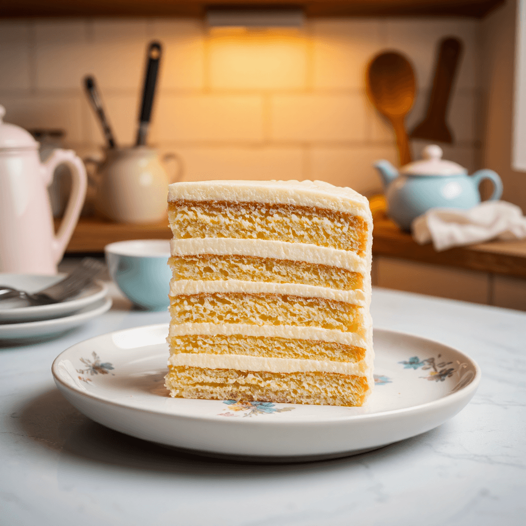 product photography of a slice of layered cake served on a decorative plate