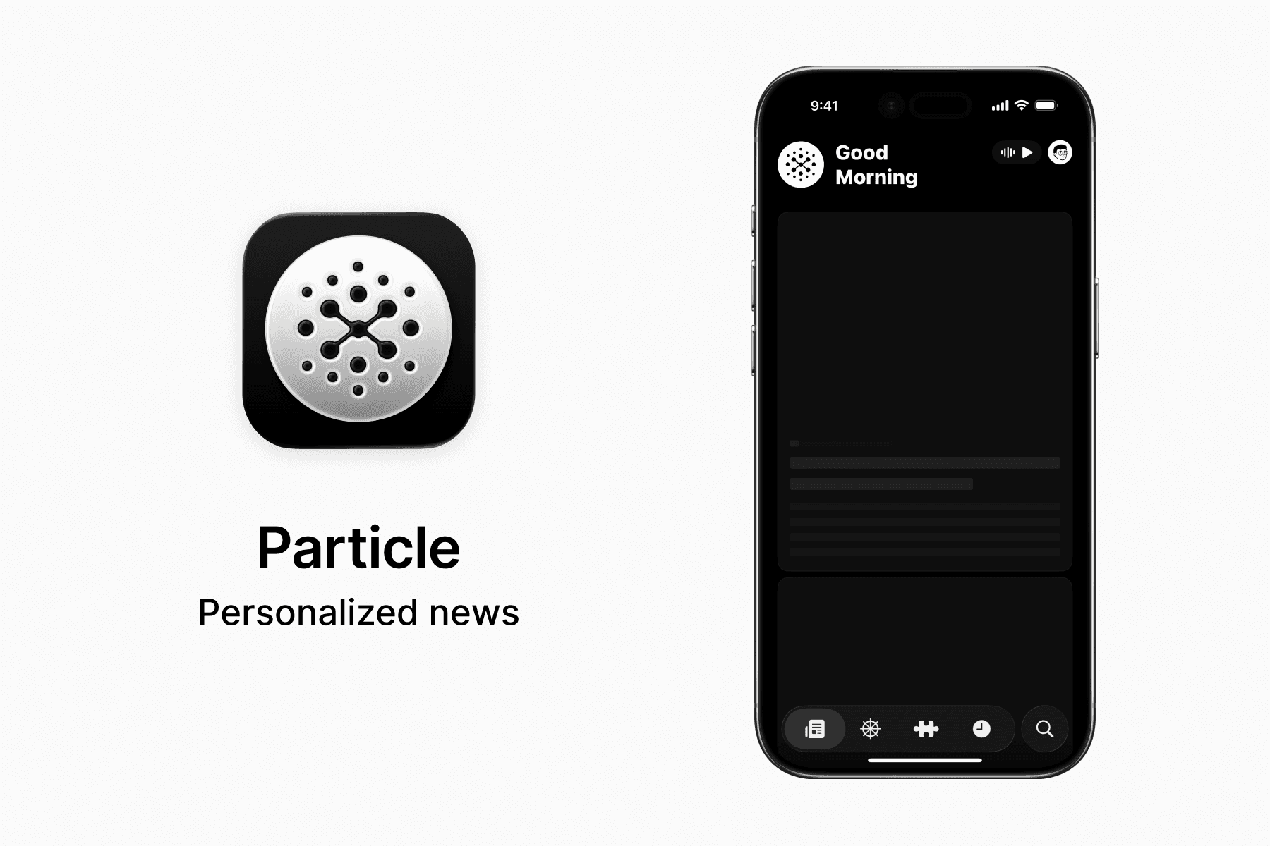 Features the Particle app icon and in-app screen on the iPhone.