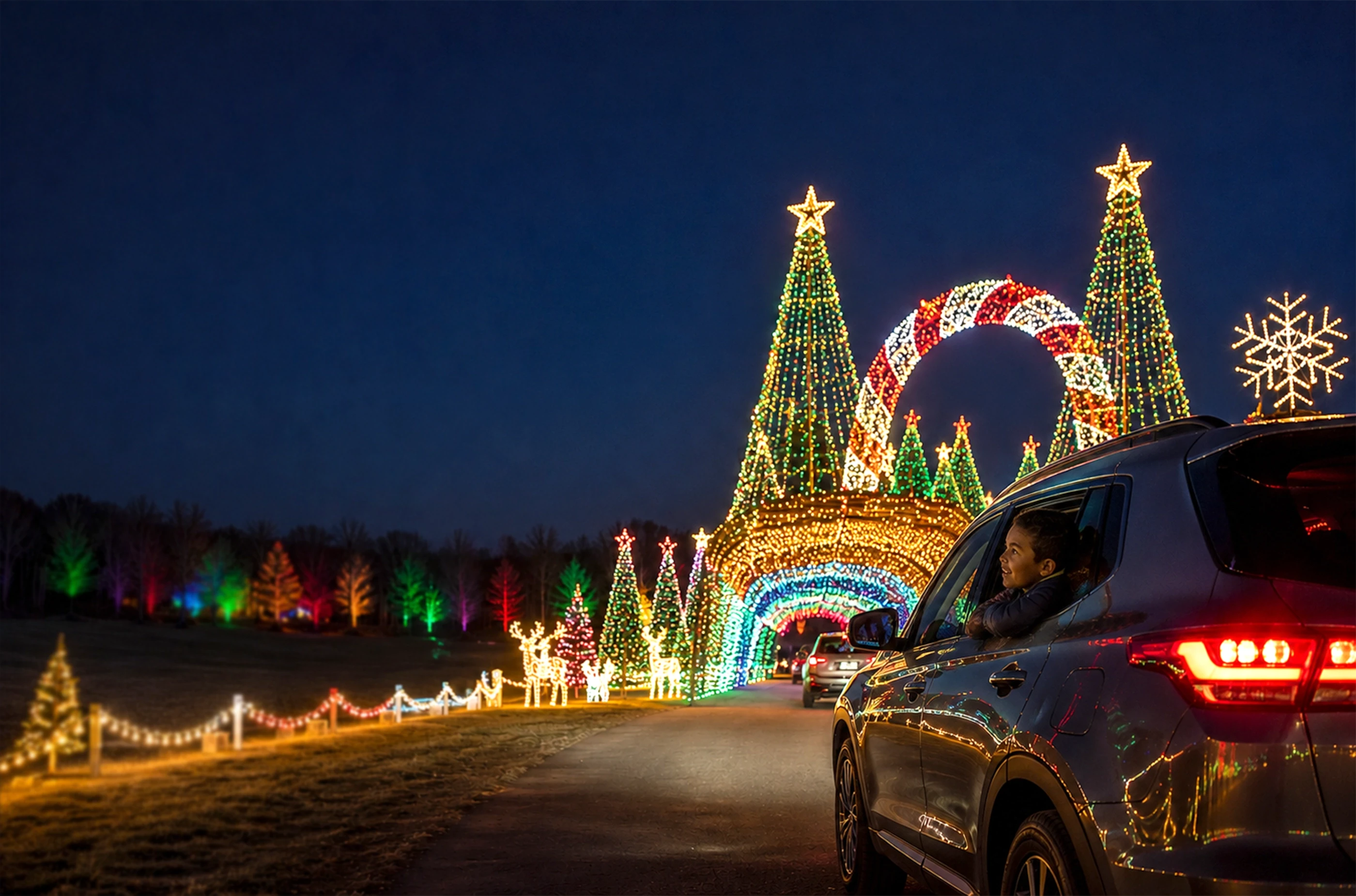A young boy looks out of his family's car window at the Christmas lights they are about to drive through