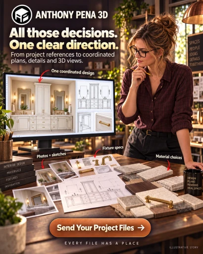 Illustrated designer comparing bathroom finishes and fixtures beside a double-vanity model and drawings.