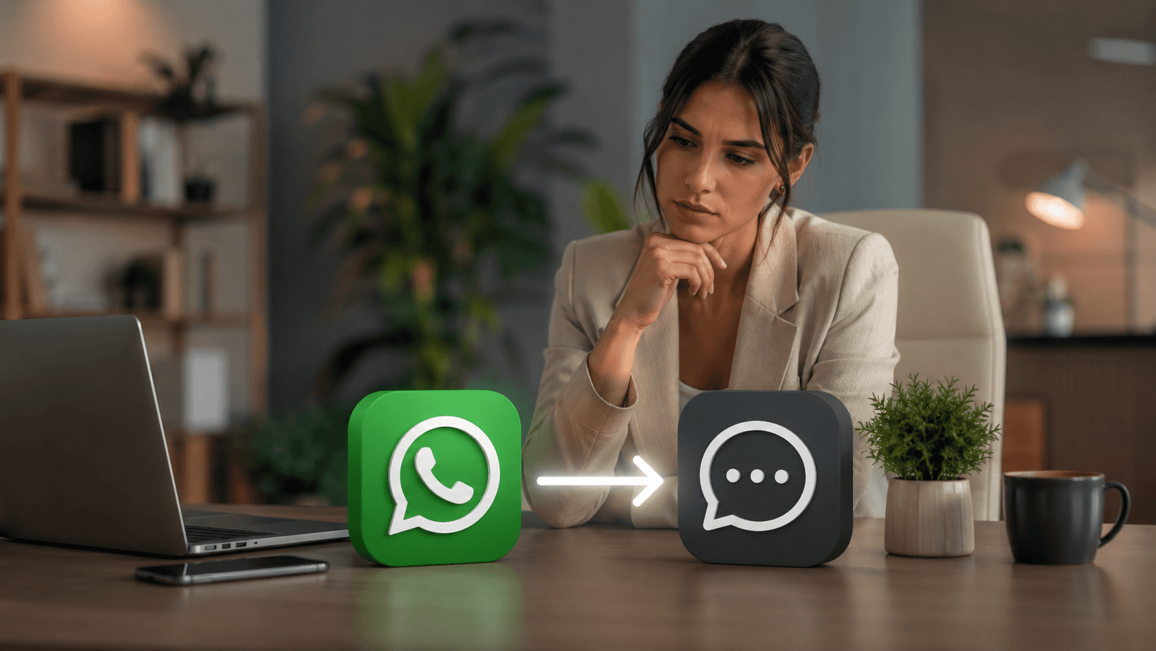 Cena realista em 3D de um escritório moderno com iluminação suave e tons quentes. Uma mulher sentada à mesa observa pensativa dois grandes ícones tridimensionais de aplicativos de mensagem: um verde representando o WhatsApp e outro neutro representando uma nova plataforma. Entre eles, uma seta luminosa indica transição. Sobre a mesa há notebook, celular, café e uma pequena planta, transmitindo um ambiente profissional e organizado. A composição passa a ideia de migração gradual de pedidos do WhatsApp para outro canal sem perder o relacionamento com clientes fiéis.
