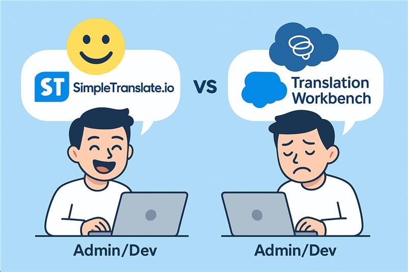 SimpleTranslate.io vs Salesforce Translation Workbench: Admin/Developer Experience. Article cover comparing a happy admin using SimpleTranslate.io with a stressed admin using the Salesforce Translation Workbench.